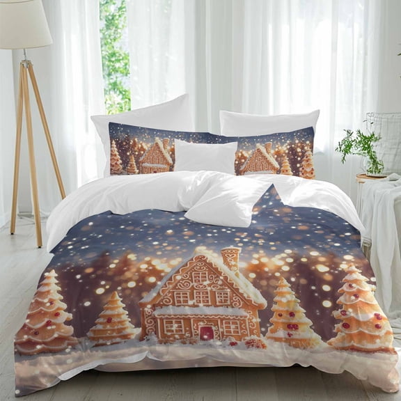 Christmas Gingerbread Duvet Cover Set Queen Size, Xmas Tree House 4 Piece Soft Microfiber Bedding Set with Zipper Closure, 1 Comforter Cover, 1 Flat Sheet, 2 Pillowcases