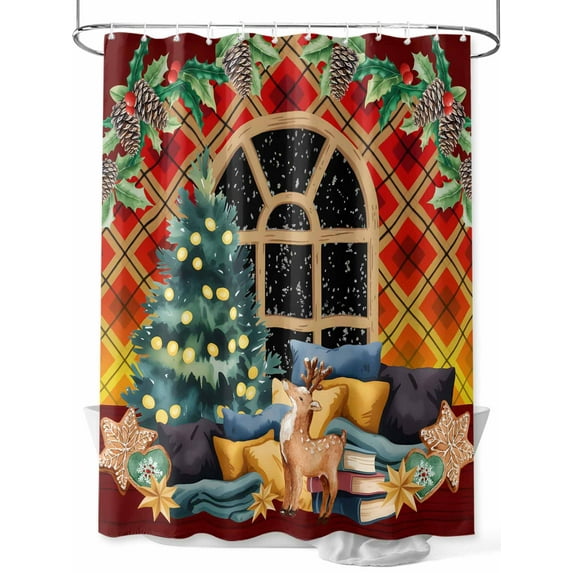 Christmas Gingerbread Extra Long Shower Curtain Set, Waterproof Shower Curtains for Bathroom, Winter Xmas Tree Berry Pine Fruits Washable Fabric Cloth Bath Curtain for Bathtub with Hooks 72x96 Inches