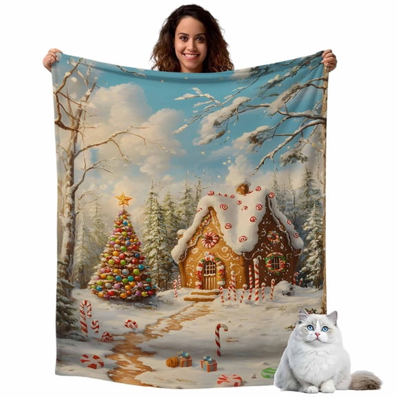 Christmas Gingerbread Fleece Throw Blanket Lightweight House Xmas Tree Snow-covered Forest Fuzzy Flannel Throws Super Soft Cozy Flannel Blanket for Couch, Sofa, Bed, Travel 60"x80"