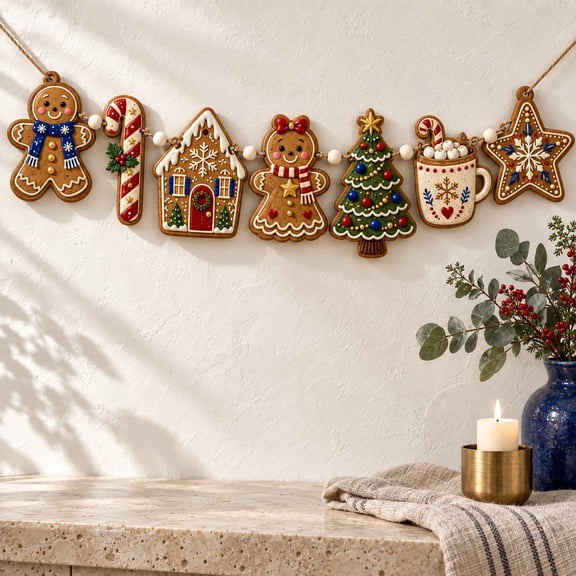 Christmas Gingerbread Garland, Wooden Holiday Mantel and Fireplace Decor for Home