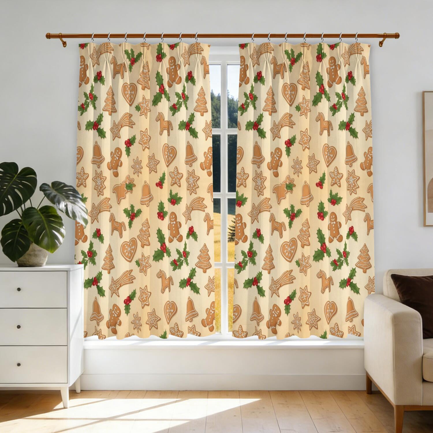 George Ginger Patterns Christmas Gingerbread Holly Pattern Pinch Pleated Blackout Curtains ...