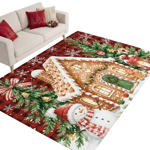 Christmas Gingerbread House 6'x9' Large Area Rugs Winter Snowman Red Buffalo Plaid Washable Area Rugs Non-Slip Indoor Floor Mats for Living Room, Sitting Room, Inn Lobby
