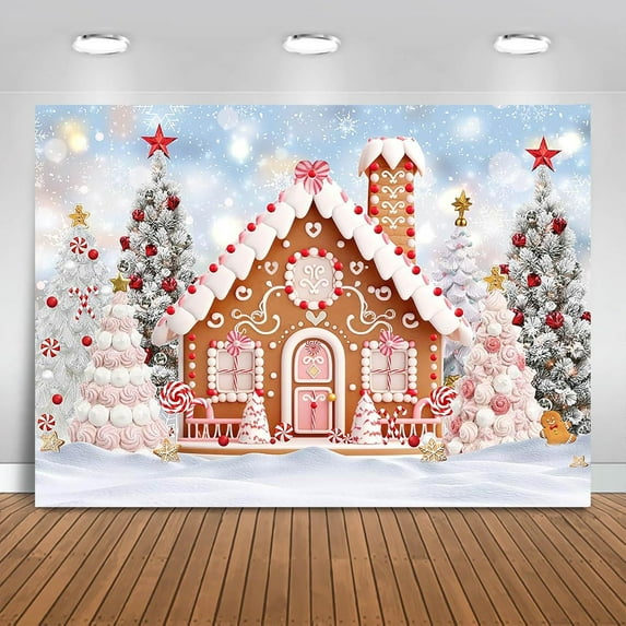 Christmas Gingerbread House Backdrop Snowy Christmas Trees Photography Background Xmas Candy House Wonderland Holiday Party Decorations Banner Photo Booth Props