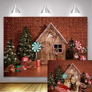Christmas Gingerbread House Backdrop Wooden House Red Brick Xmas Tree Gift Photography Background Kids Adult Birthday Platy Decoration Photo Studio Props 8x6FT