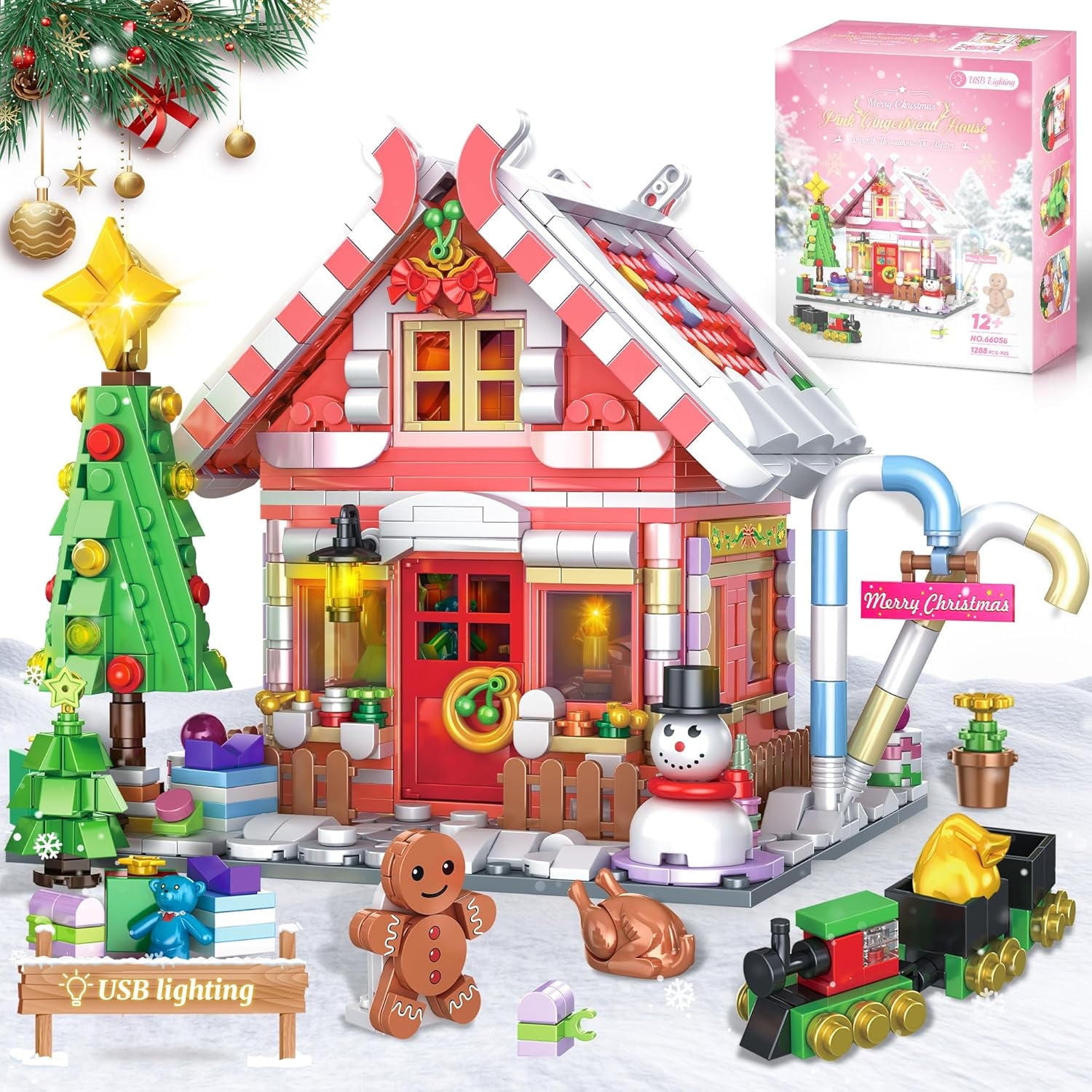 Christmas Gingerbread House Building Block for Girls Age 8-12 with LED Lights, Pink Christmas Village House Blocks Set with Christmas Tree and Train, Perfect Xmas Holiday for Adults and Kids, 1288Pcs