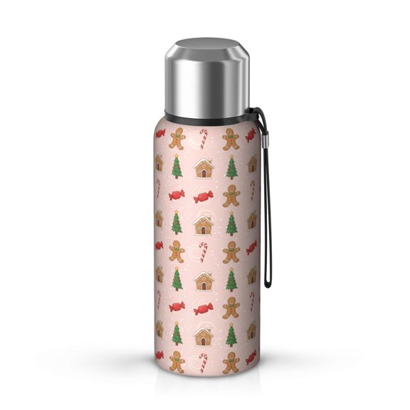 Christmas Gingerbread House Candy Pattern Insulated Coffee Thermos, Vacuum Insulated Portable Drink Thermos 360° Seamless Print Gifts Ideas for Birthday Holiday Party
