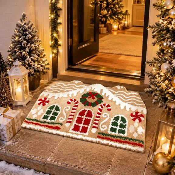 Christmas Gingerbread House Doormat, 15.75x23.62 Inch Shaped Non Slip Water Absorbent Floor Rug, Festive Holiday Accent Carpet for Front Door Entryway Bathroom Decor