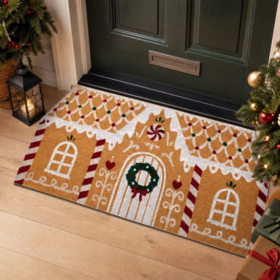 Christmas Gingerbread House Doormat, Christmas Front Mat, 47.24x23.62inch, Welcome Door Rug for Xmas Indoor Outdoor Home Kitchen Bathroom Entrance Porch Decor