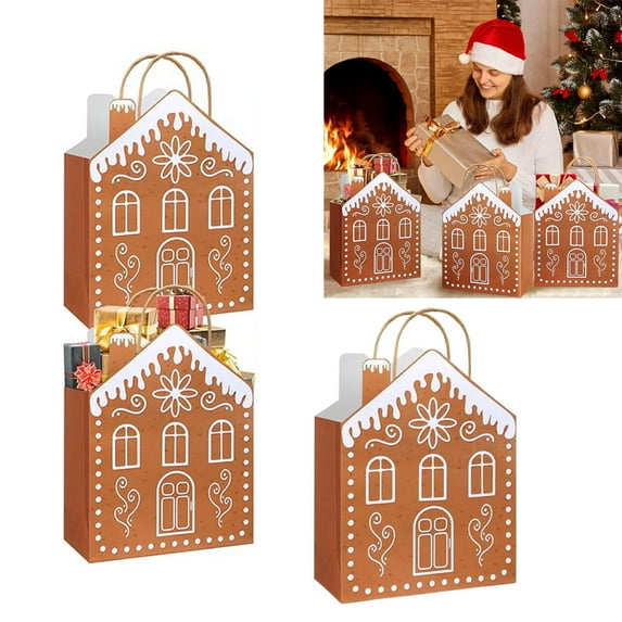 Christmas Gingerbread House Gift Bag with Handle | Festive Paper Candy Treat Packaging | Reusable Durable Sack for Holiday Present Wrapping | Christmas Party Supplies