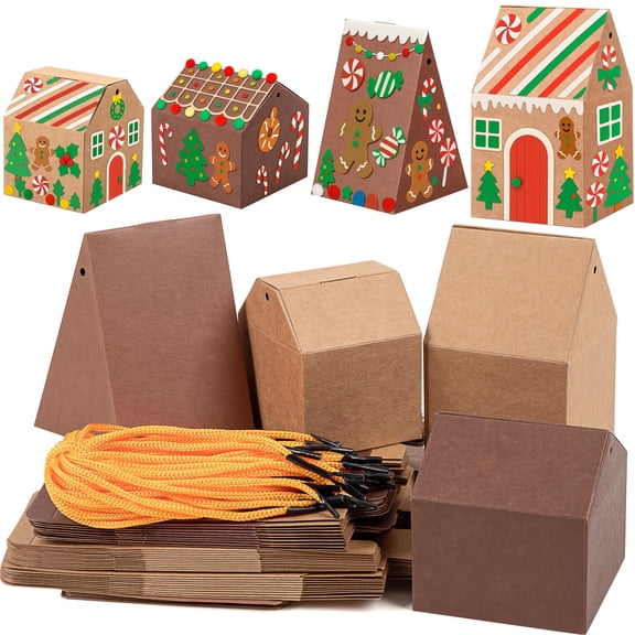 Christmas Gingerbread House Gift Boxes 50 Pack with Twine 4 Styles