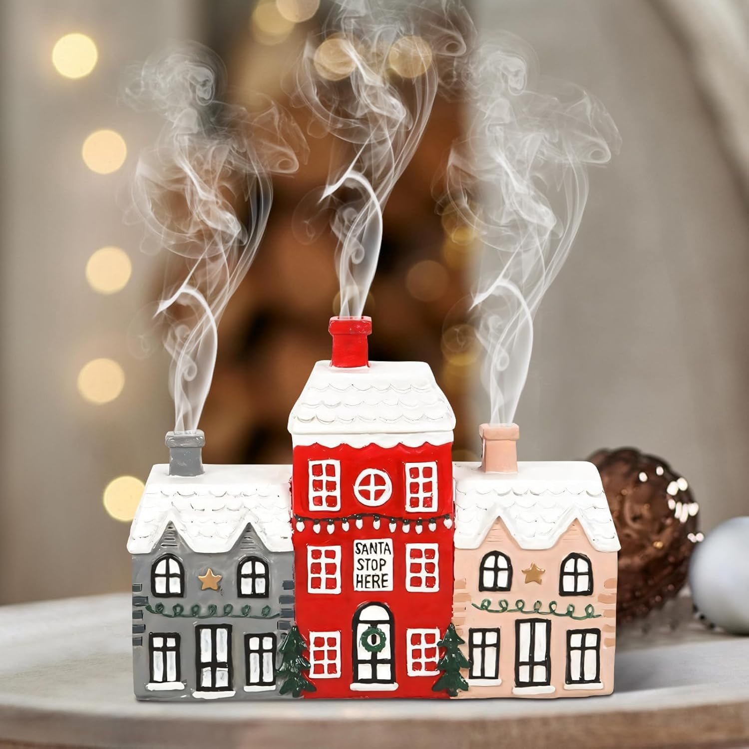 Christmas Gingerbread House Incense Burner, Christmas Log Cabin Snowy Winter Incense Cone Burner , Chimney Resin Snow Winter Cottage,Resin Chimneys Backflow Incense Holder For Home