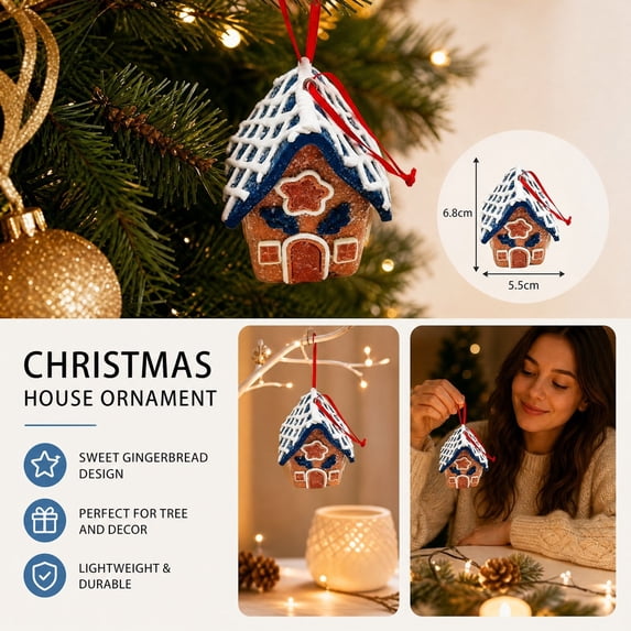 Christmas Gingerbread House Ornament, Mini House Hanging Ornament, Blue Roof Gingerbread Design for Christmas Tree, Wreath, Garland and Festive Holiday Display, 2.75 Inch