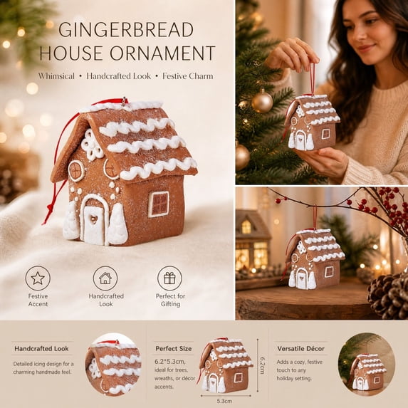Christmas Gingerbread House Ornament, Mini House Hanging Ornament, Brown Icing Roof Design for Christmas Tree, Wreath, Garland and Festive Holiday Display, 2.75 Inch