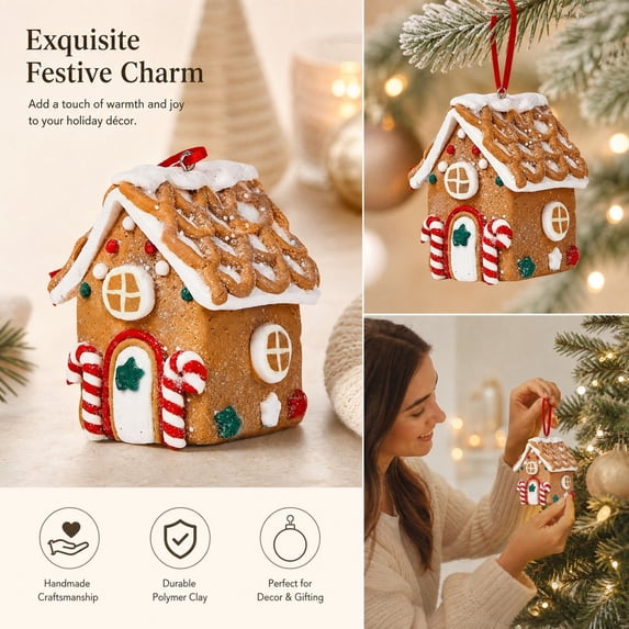 Christmas Gingerbread House Ornament, Mini House Hanging Ornament, Candy Cane Door Design for Christmas Tree, Wreath, Garland and Festive Holiday Display, 2.75 Inch