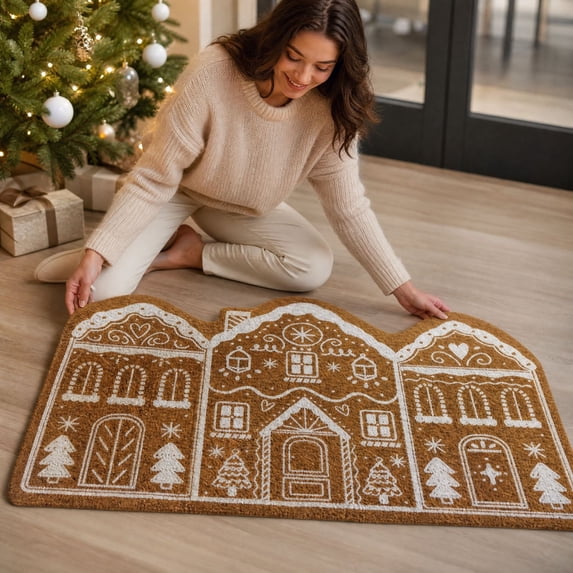 Christmas Gingerbread House Shaped Doormat, Festive Printed Coir Floor Mat, Holiday Entryway Rug for Front Door, Porch, Indoor Entrance Home Christmas Decor