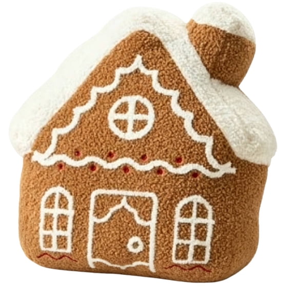 Christmas Gingerbread House Shaped Throw Pillow, Soft Plush Cookie House Cushion with Embroidered Icing Design, Cute Holiday Decorative Pillow for Couch, Sofa, Bed and Christmas Home Decoration