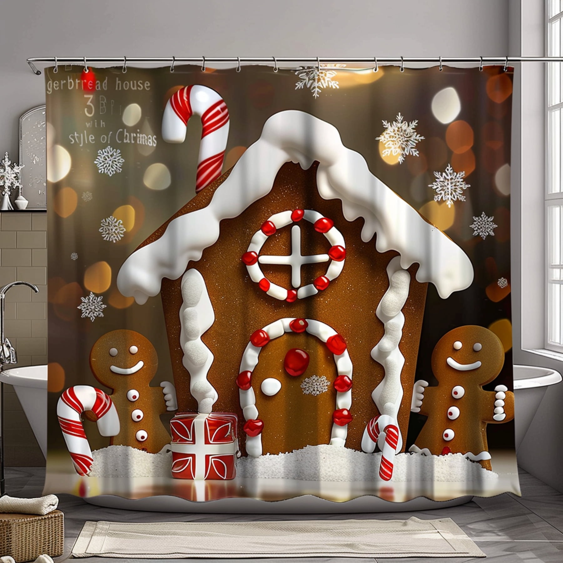 Christmas Gingerbread House Shower Curtain Festive Candy Cane Trim