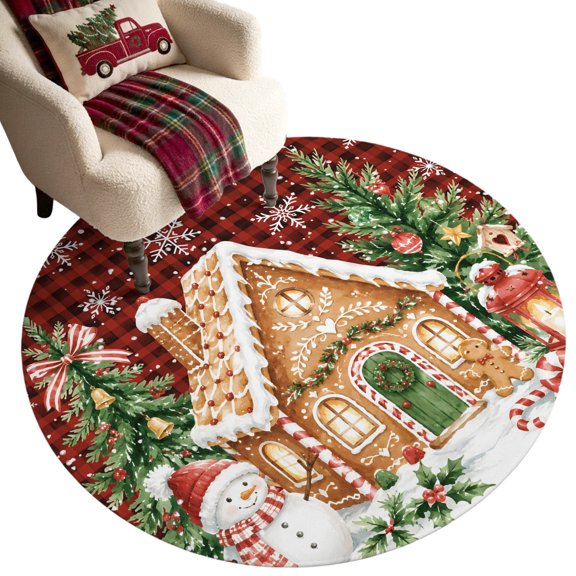 Christmas Gingerbread House Small Round Rug 3Ft Winter Snowman Red Buffalo Plaid Area Rugs Washable Non Slip Indoor Floor Mats Circle for Entryway Under‑Nightstand Bathroom, Balcony