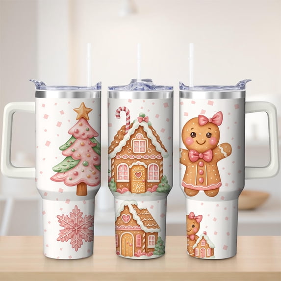 Christmas Gingerbread House Stainless Steel Insulated Mug with Lid and Handle, 30oz