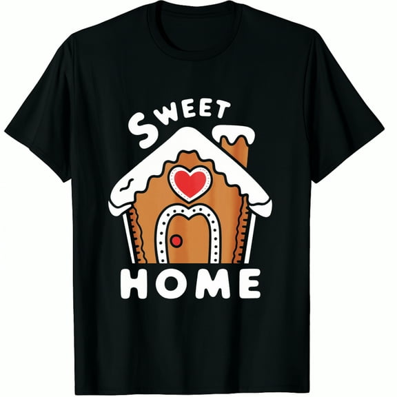 Christmas Gingerbread House Sweet Home Print Holiday Wear Black Graphic T-Shirt ,Tops Tee for Men and Women