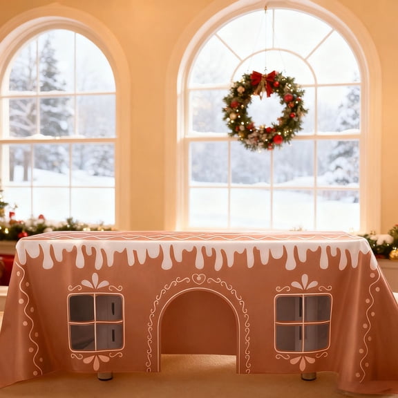 Christmas Gingerbread House Tablecloth Cute Icing Print Table Cover For Holiday Family Gathering Christmas Dinner Party Indoor Festive Dining Decoration