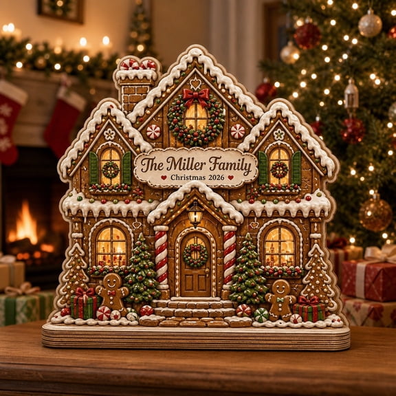 Christmas Gingerbread House Wooden Block Personalized Family Tabletop Display for Holiday Gift