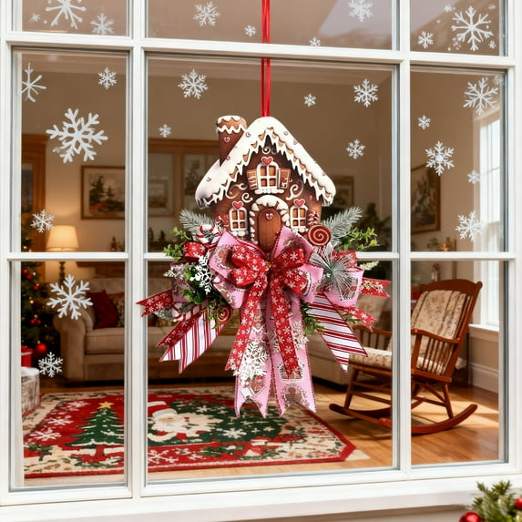 Christmas Gingerbread House Wreath with Ribbon Bow - 19.69x13.78 Inch Plastic Front Door Decor for Outdoor Holiday Display (1PC)