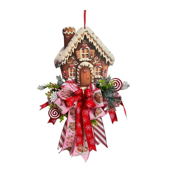 Christmas Gingerbread House Wreath with Ribbon Bow – Outdoor Front Door Decoration, Lightweight MDF & Polyester Fiber Wreath for Holiday Decor