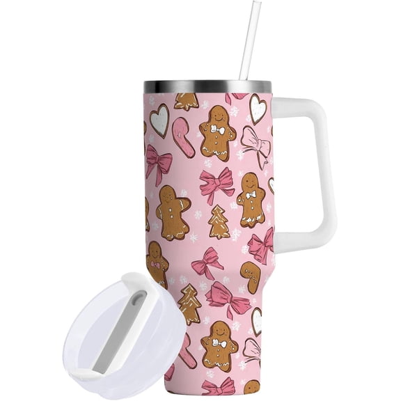 Christmas Gingerbread Insulated Tumblers Pink Bow Snowflake Hearts SnReusable Stainless Steel Tumbler 30 oz Cup Coffee Travel Mug Water Bottle with Handle & Flip Straw for Home Office Car