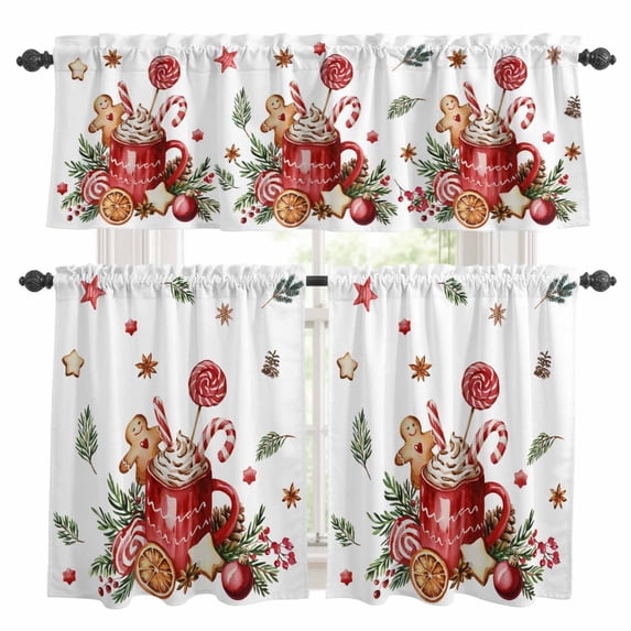 Christmas Gingerbread Kitchen Curtains, Kitchen Curtains and Valances Set of 3, Winter Xmas Balls Candy Pine Leaf Light Filtering Tailored Tier Curtain 24 Inch Length Drapes for Cafe Sink Bedroom