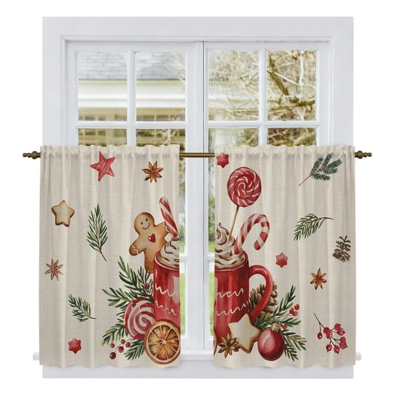 Christmas Gingerbread Kitchen Curtains, Winter Xmas Ball Candy Pine Leaf Beige Light Filtering Window Curtain Panels, 2Pcs Rod Pocket Window Treatments Set for RV Dining Room Study Room 42x45 Inches