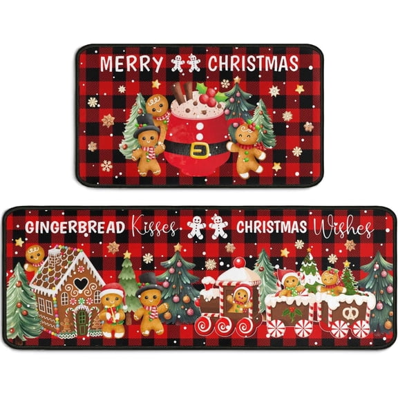 Christmas Gingerbread Kitchen Rugs Sets of 2, Red Buffalo Plaid Christmas Kitchen Mat Decor, Christmas Mats for Kitchen Floor, Christmas Rugs Indoor Gingerbread Christmas Decorations