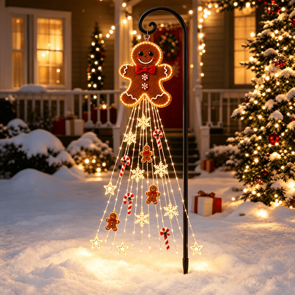 Christmas Gingerbread LED Light String Ground Stake, Warm White Holiday Yard Decor, Light-Up Gingerbread Ornament with Snowflake and Candy Accents