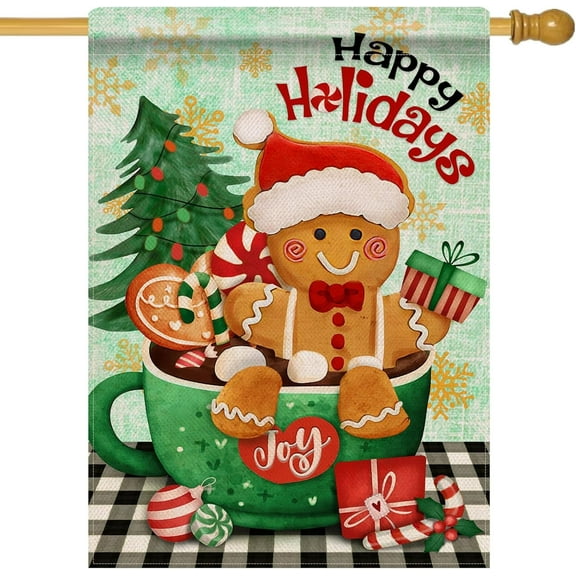 Christmas Gingerbread Man 28 x 40 House Flag Double Sided, Green Xmas Tree Hot Cocoa Garden Yard Decoration, Happy Holiday Buffalo Plaid Farmhouse Burlap Outdoor Decor Decorative Large Flag