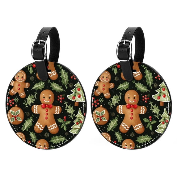 Christmas Gingerbread Man 2pcs PU Leather Round Bag Tags with Privacy Cover and Name ID Tag - Suitcase Tags for Travel Luggage, Handbags, Backpacks, School Bags