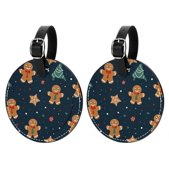 Christmas Gingerbread Man 2pcs PU Leather Round Bag Tags Suitcase Handbag Tags with Privacy Cover and Name ID Tag for Travel Luggage, Handbags, Backpacks, School Bags