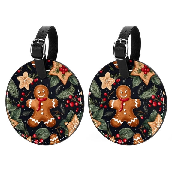 Christmas Gingerbread Man 2pcs PU Leather Round Bag Tags Suitcase Handbag Tags with Privacy Cover and Name ID Tag for Travel Luggage, Handbags, Backpacks, School Bags