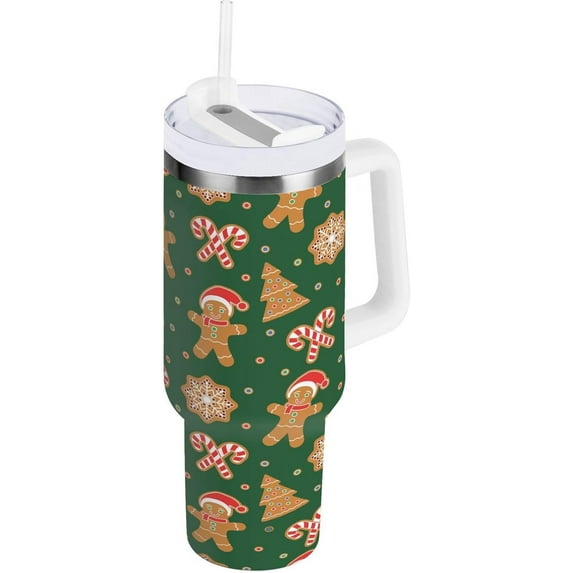 Christmas Gingerbread Man 30 oz Tumbler with Handle, Stainless Steel Vacuum Insulated Sports Water Bottle, Leak-proof Travel Coffee Mug Cup with Lid and Straw for Water, Iced Tea or Coffee
