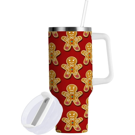 Christmas Gingerbread Man 40 oz Tumbler with Handle, Stainless Steel Vacuum Insulated Sports Water Bottle, Leak-proof Travel Coffee Mug Cup with Lid and Straw for Water, Iced Tea or Coffee