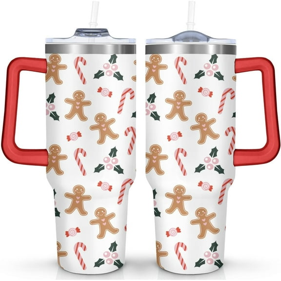 Christmas Gingerbread Man 40oz Tumbler Cup with Handle and Straw, Cute Xmas Candy Gifts for Women Men, Winter Holiday Stainless Steel Water Bottle 1PC