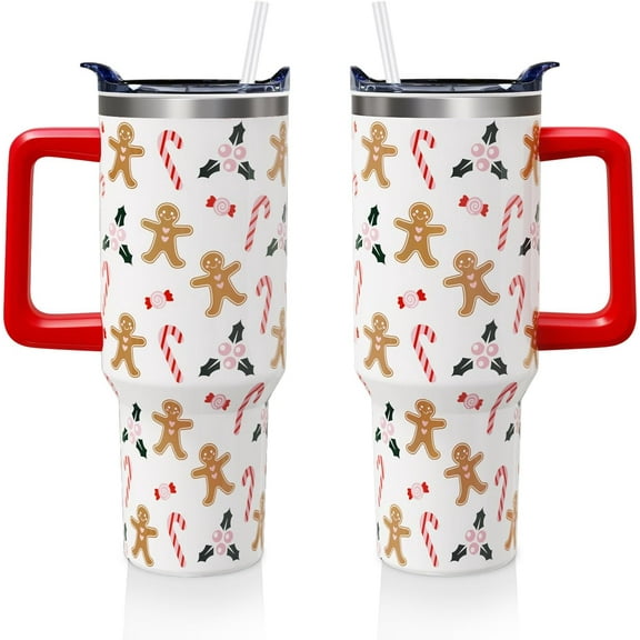 Christmas Gingerbread Man 40oz Tumbler Cup with Handle and Straw, Cute Xmas Candy Gifts for Women Men, Winter Holiday Stainless Steel Water Bottle 1PC