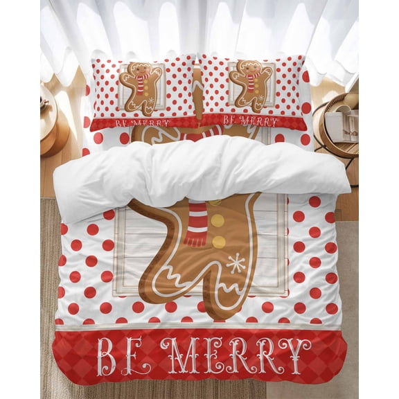 Christmas Gingerbread Man Bedding Duvet Cover Set Twin Size 4 Pieces Cute Red Polka Dot Be Merry Funny Bedding Set with Zipper Closure, 1 Comforter Cover 68x86 Inches 1 Flat Sheet & 2 Pillow Cases