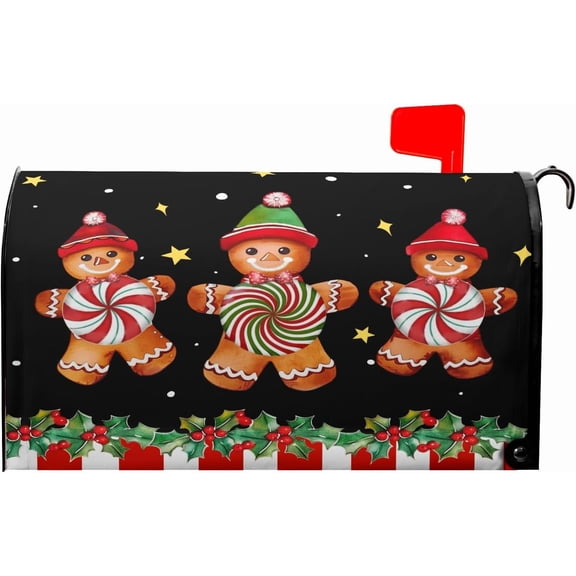 Christmas Gingerbread Man Black Mailbox Covers Magnetic Standard Size 18" X 21",Peppermint Candy Holly Berry Mailbox Wraps Post Letter Winter Box Cover for Holiday Garden Yard Decor