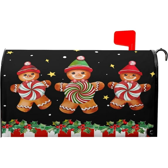 Christmas Gingerbread Man Black Mailbox Covers Magnetic Standard Size 25.5" X 21",Peppermint Candy Holly Berry Mailbox Wraps Post Letter Winter Box Cover for Holiday Garden Yard Decor