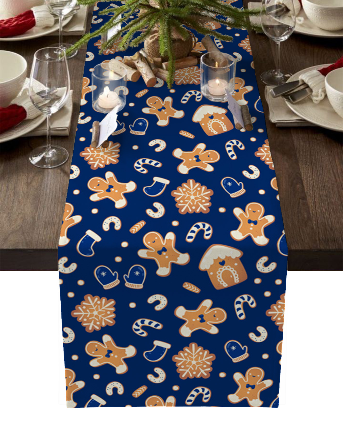 Christmas Gingerbread Man Blue Table Runner Wedding Table Decoration