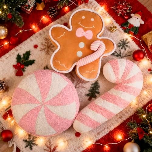 Christmas Gingerbread Man Candy Pillows - 3 Pcs Large Plush Pink Gingerbread Man White Peppermint Cane Shaped Throw Pillows Decorations for House Couch Bedroom, Cute Stuffed Pillow for Holiday Decor