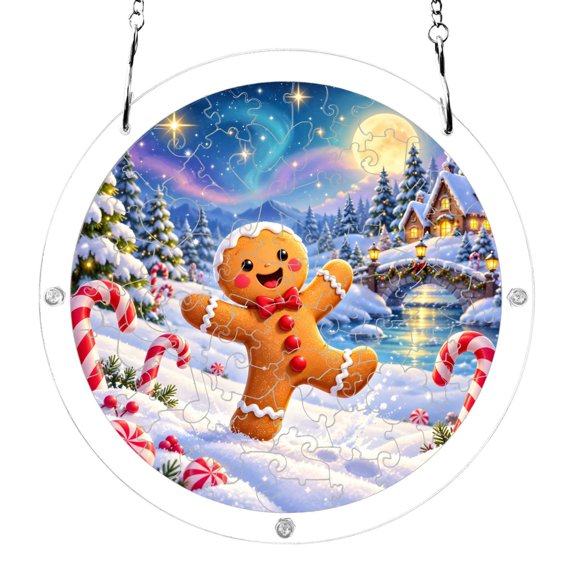 Christmas Gingerbread Man Dancing Acrylic Jigsaw Puzzles 83 Pieces Suncatcher for Window Hanging 7.5 Inch Holiday Home Decor
