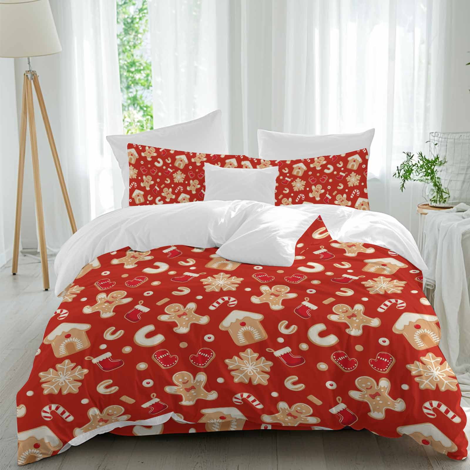 Christmas Gingerbread Man Duvet Cover Set Twin Size, Winter Snowflake Food Red Background 4 Piece Soft Microfiber Bedding Set with Zipper Closure, 1