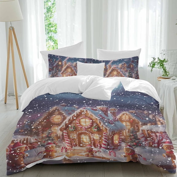 Christmas Gingerbread Man Duvet Cover Set Twin Size, Xmas Tree Candy House 4 Piece Soft Microfiber Bedding Set with Zipper Closure, 1 Comforter Cover, 1 Flat Sheet, 2 Pillowcases
