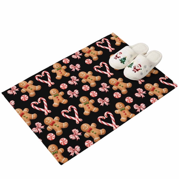 Christmas Gingerbread Man Entryway Rug 2'x3' Winter Black Red Stripe Bow Tie Candy Small Area Rug Non-Slip Front Door Mat Washable Floor for Front‑Door Area, Kitchen Sink Zone, Bathroom